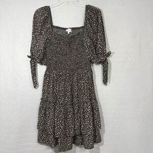 Leyden Smocked Square Neck Women Mini Dress XL Floral Boho Cottage Puff Sleeve